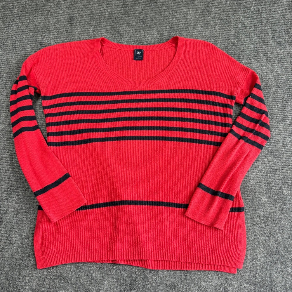 GAP Womens Medium Red Black Striped Scoop Neck Long Sleeve Knit Pullover Sweater